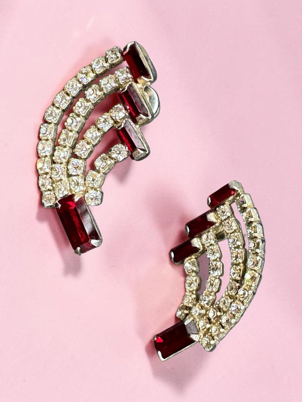 Vintage 1970s Pierced Earrings Pavé Clear and Red Rhinestones Arc Curved Shape